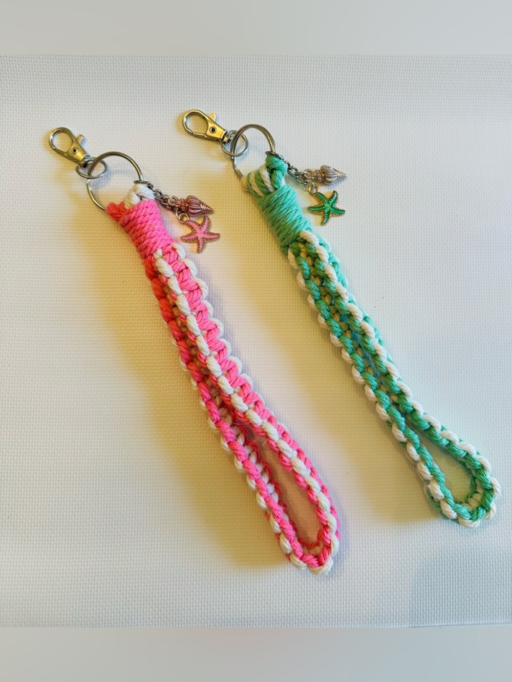 Hand Crafted Macrame Wristlet Keychains with Pink and Mint Starfish Charms